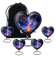 Rich Black Campfire Cremation Urn close-up of engraving and surface detail - loving heart memorial featuring campfire pattern - memorial set with one large and four small urns