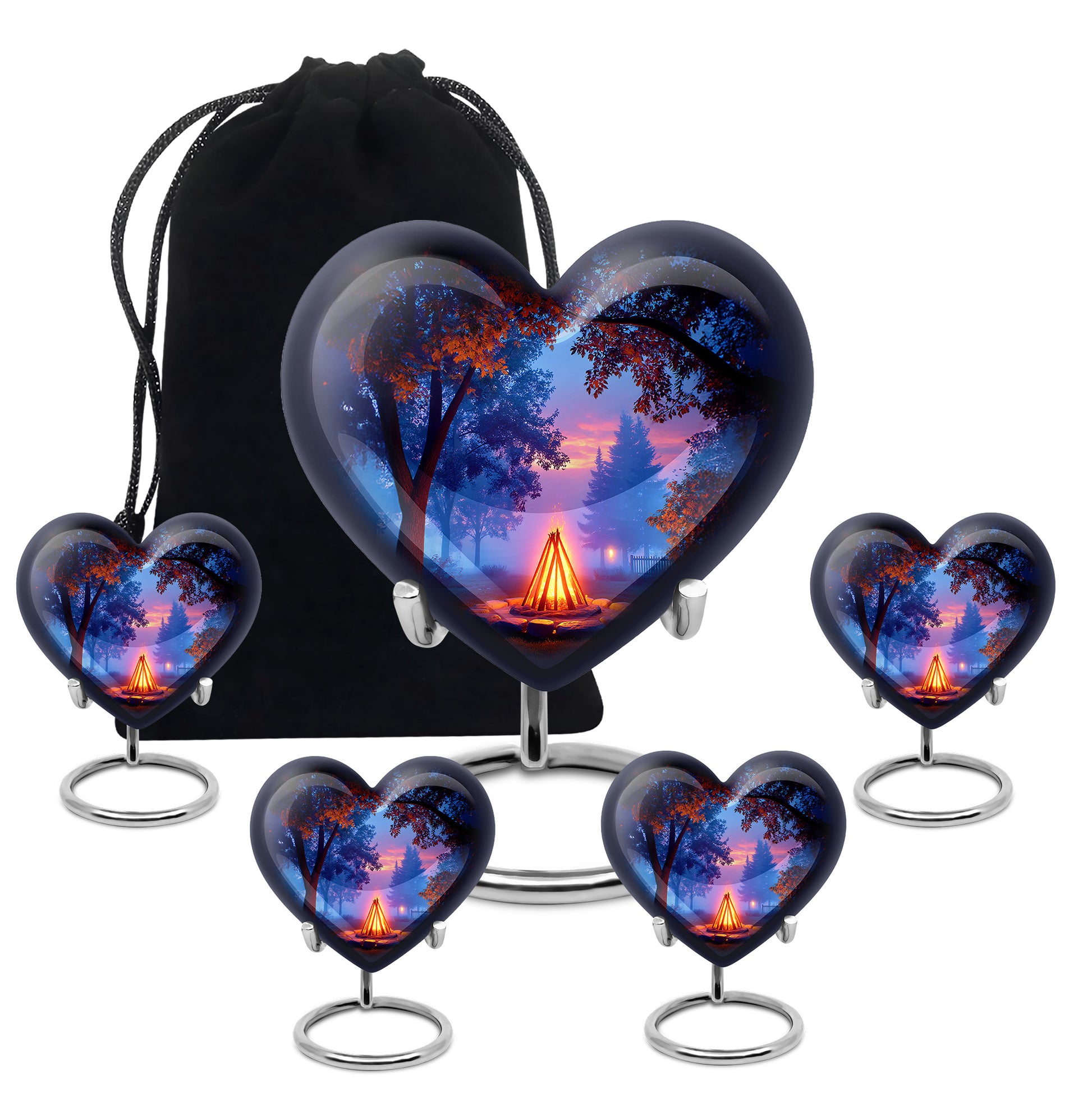 Rich Black Campfire Cremation Urn close-up of engraving and surface detail - loving heart memorial featuring campfire pattern - memorial set with one large and four small urns
