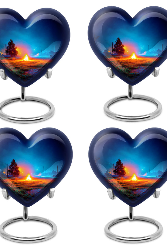 Bright Blue Campfire Cremation Urn angled view of lid and engraved motif - compassionate heart-campfire combination with gentle curves - 10 inch aluminum urn for cremated remains