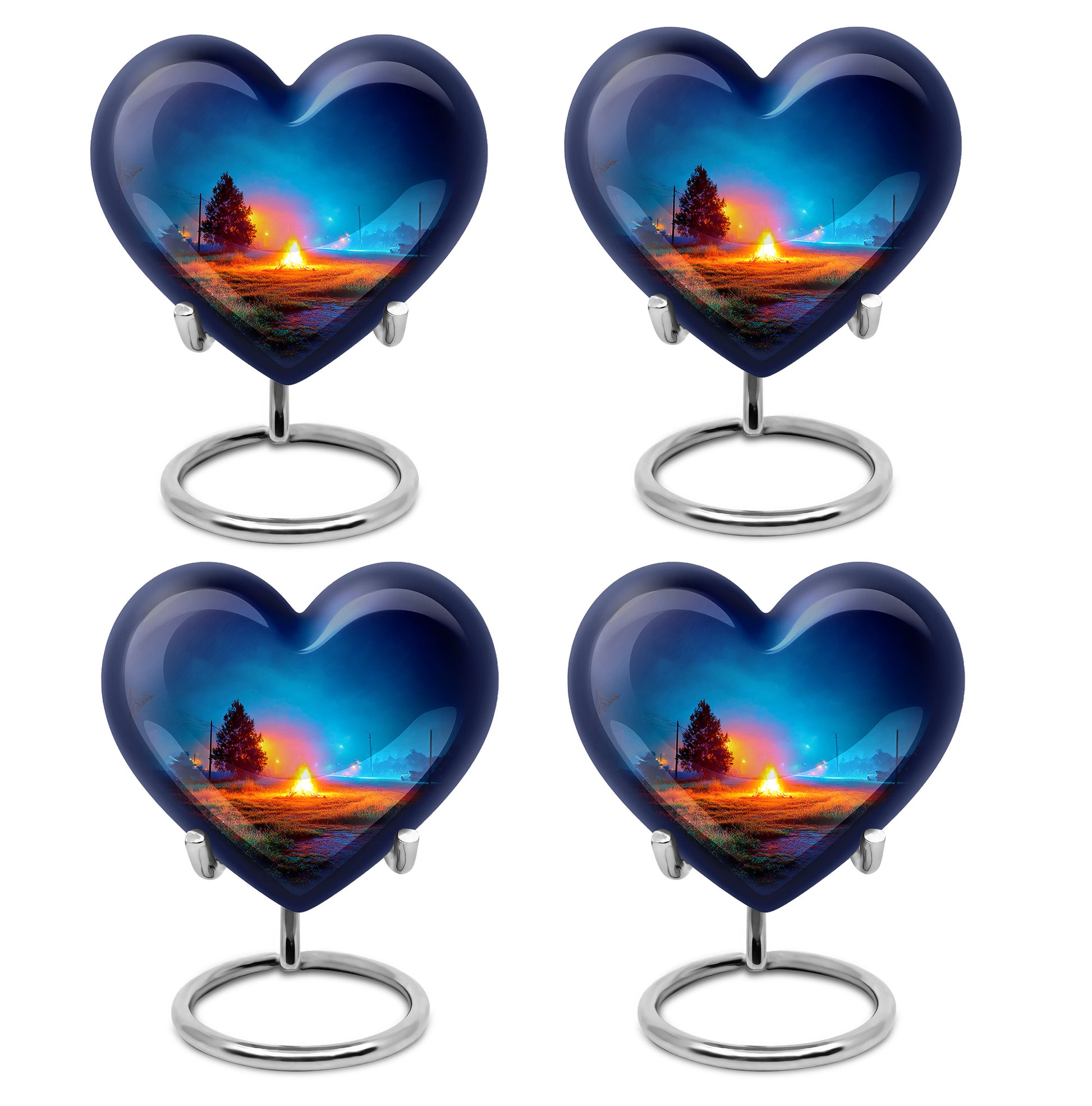 Bright Blue Campfire Cremation Urn angled view of lid and engraved motif - compassionate heart-campfire combination with gentle curves - 10 inch aluminum urn for cremated remains