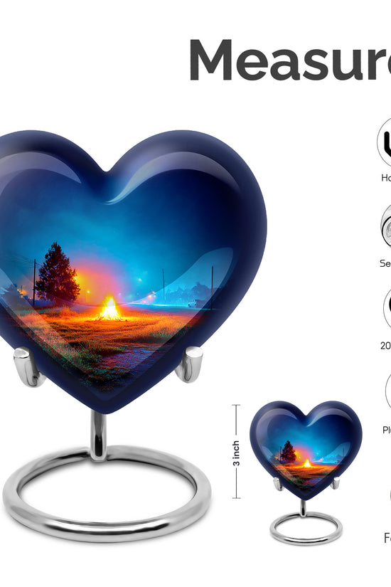 Misty Blue Campfire Cremation Urn front view showing detailed design - loving heart memorial featuring campfire pattern - mini keepsake memorial for portion of cremation ashes