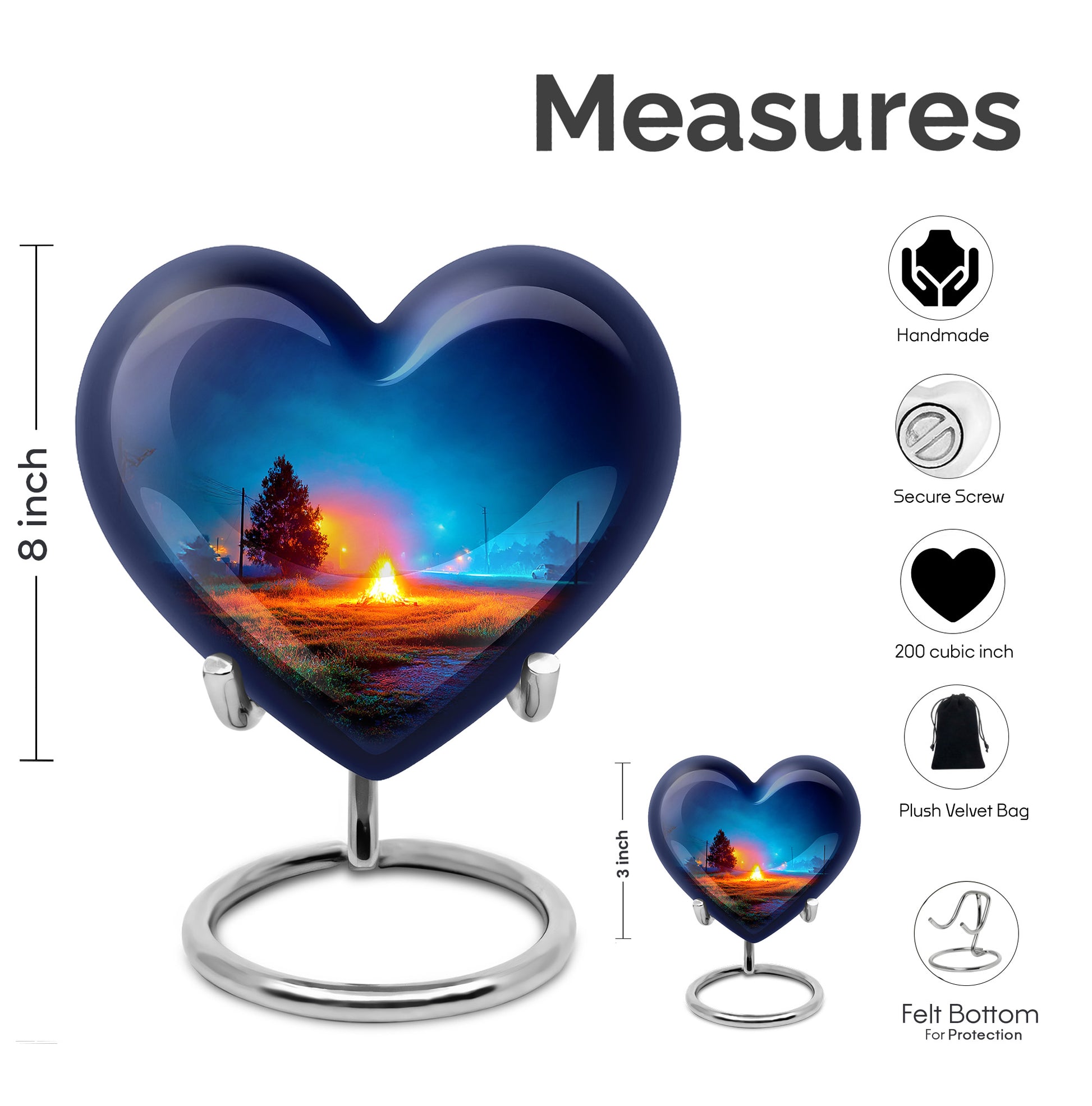 Misty Blue Campfire Cremation Urn front view showing detailed design - loving heart memorial featuring campfire pattern - mini keepsake memorial for portion of cremation ashes