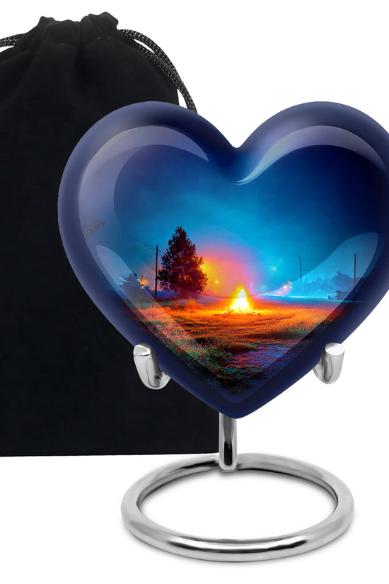 Powder Blue Campfire Cremation Urn detail view - loving heart memorial featuring campfire pattern - full-size 10 inch 200 cubic inch adult cremation urn