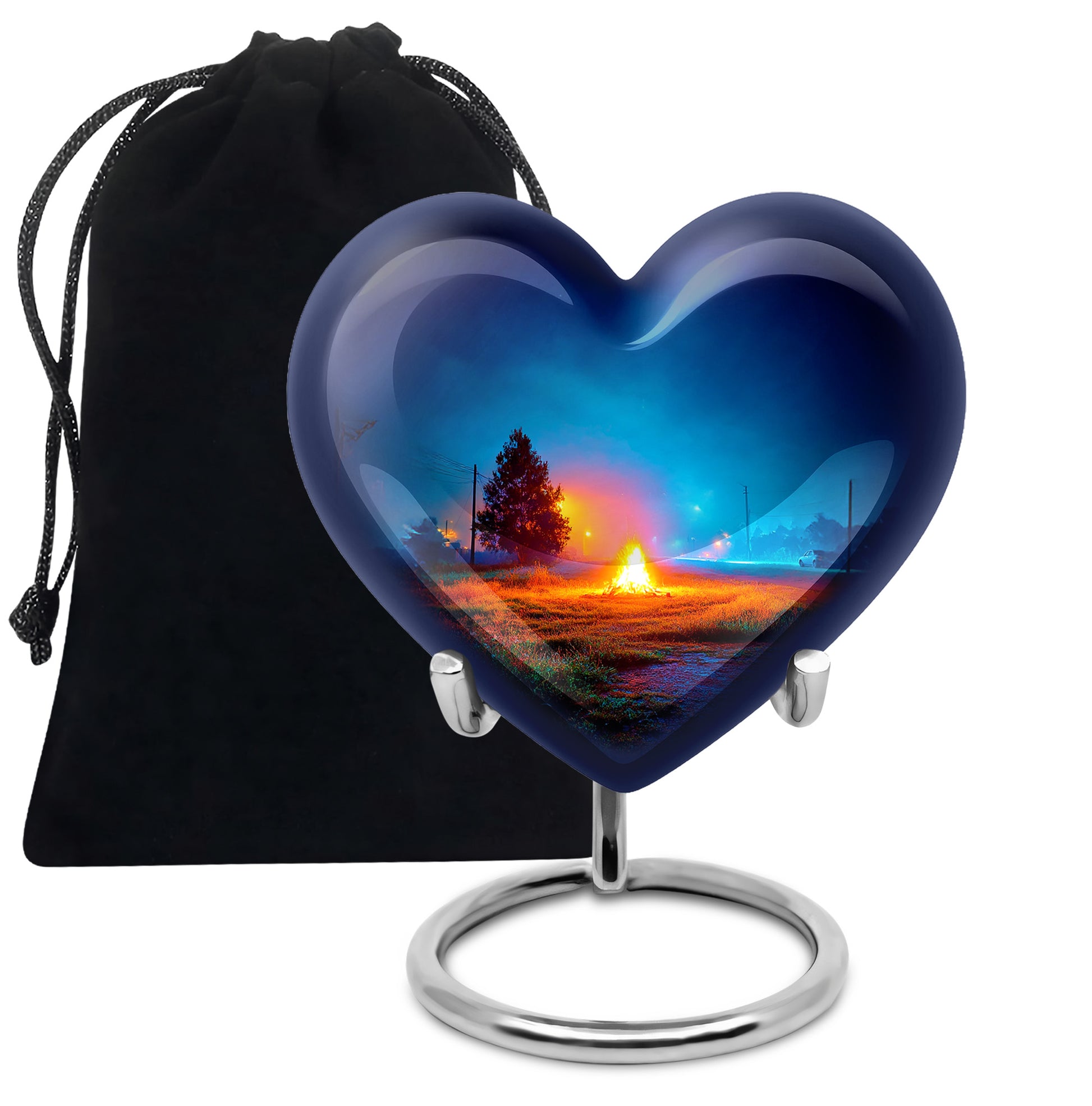 Powder Blue Campfire Cremation Urn detail view - loving heart memorial featuring campfire pattern - full-size 10 inch 200 cubic inch adult cremation urn