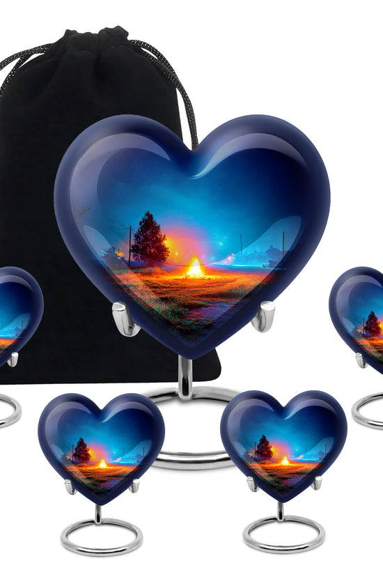 Cornflower Blue Campfire Cremation Urn close-up of engraving and surface detail - compassionate heart-campfire combination with gentle curves - memorial set with one large and four small urns