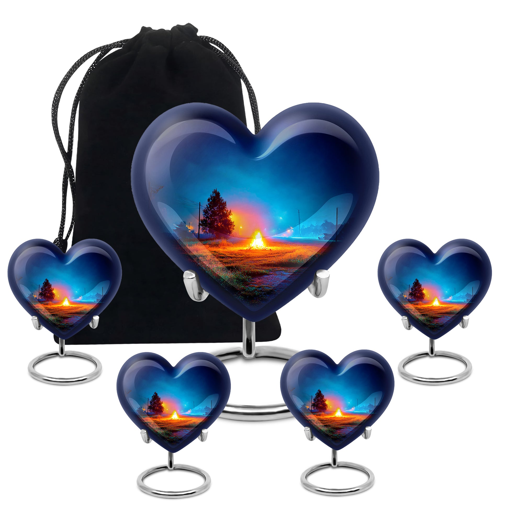 Cornflower Blue Campfire Cremation Urn close-up of engraving and surface detail - compassionate heart-campfire combination with gentle curves - memorial set with one large and four small urns