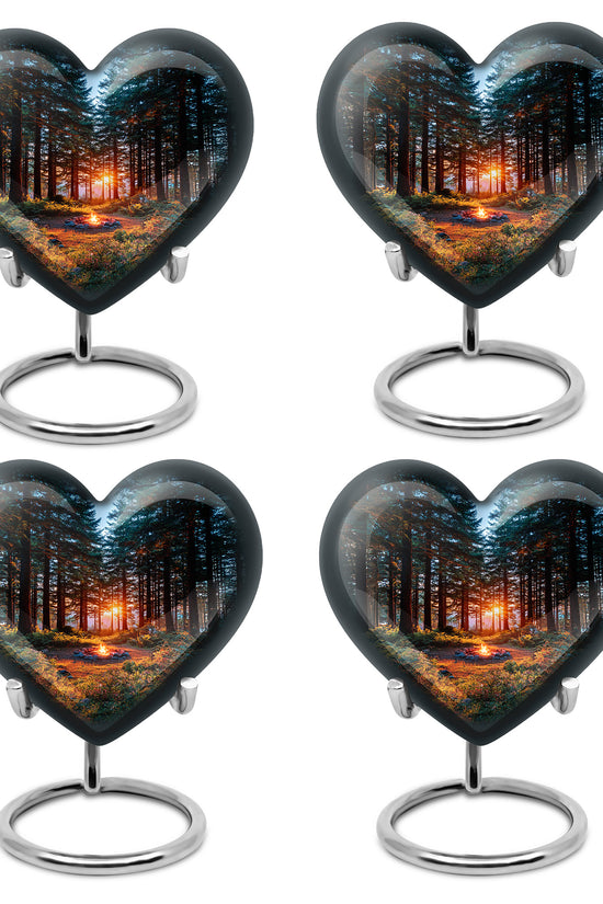 Calming Blue Campfire Cremation Urn angled view of lid and engraved motif - compassionate heart-campfire combination with gentle curves - 10 inch aluminum urn for cremated remains
