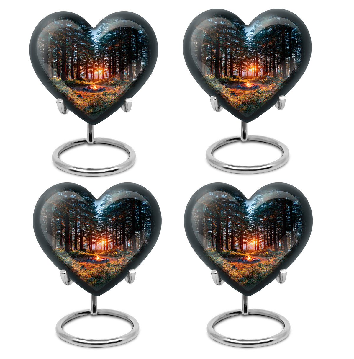 Calming Blue Campfire Cremation Urn angled view of lid and engraved motif - compassionate heart-campfire combination with gentle curves - 10 inch aluminum urn for cremated remains