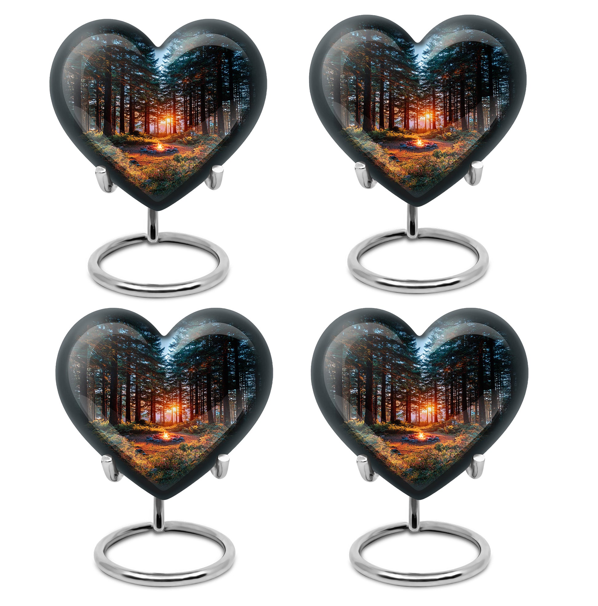 Calming Blue Campfire Cremation Urn angled view of lid and engraved motif - compassionate heart-campfire combination with gentle curves - 10 inch aluminum urn for cremated remains