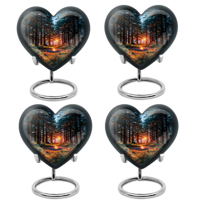 Calming Blue Campfire Cremation Urn angled view of lid and engraved motif - compassionate heart-campfire combination with gentle curves - 10 inch aluminum urn for cremated remains