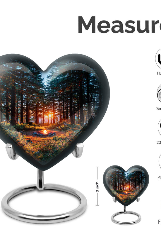 Cobalt Blue Campfire Cremation Urn front view showing detailed design - romantic heart urn with campfire motif on aluminum - mini keepsake memorial for portion of cremation ashes