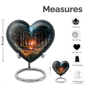 Cobalt Blue Campfire Cremation Urn front view showing detailed design - romantic heart urn with campfire motif on aluminum - mini keepsake memorial for portion of cremation ashes