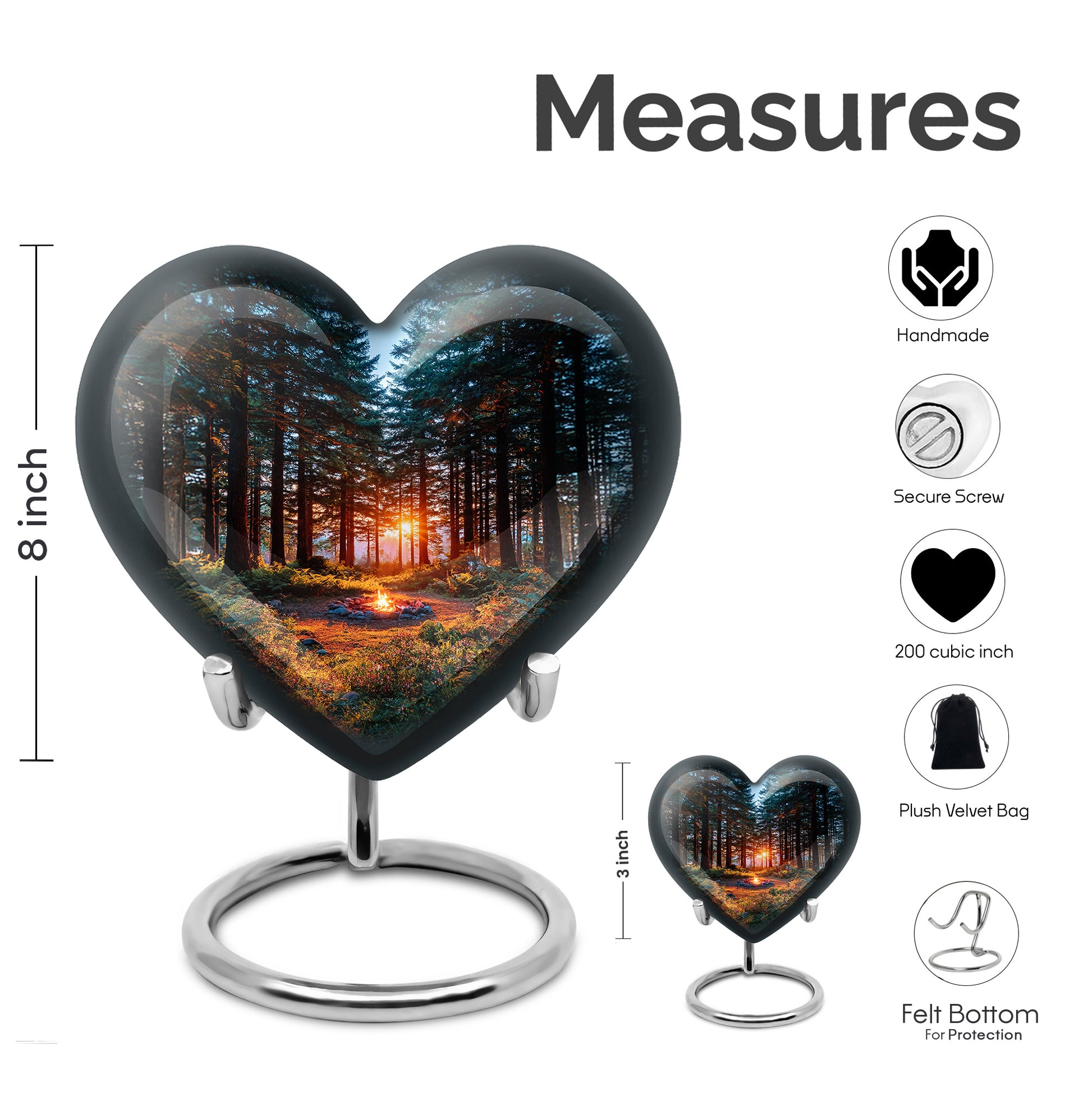 Cobalt Blue Campfire Cremation Urn front view showing detailed design - romantic heart urn with campfire motif on aluminum - mini keepsake memorial for portion of cremation ashes