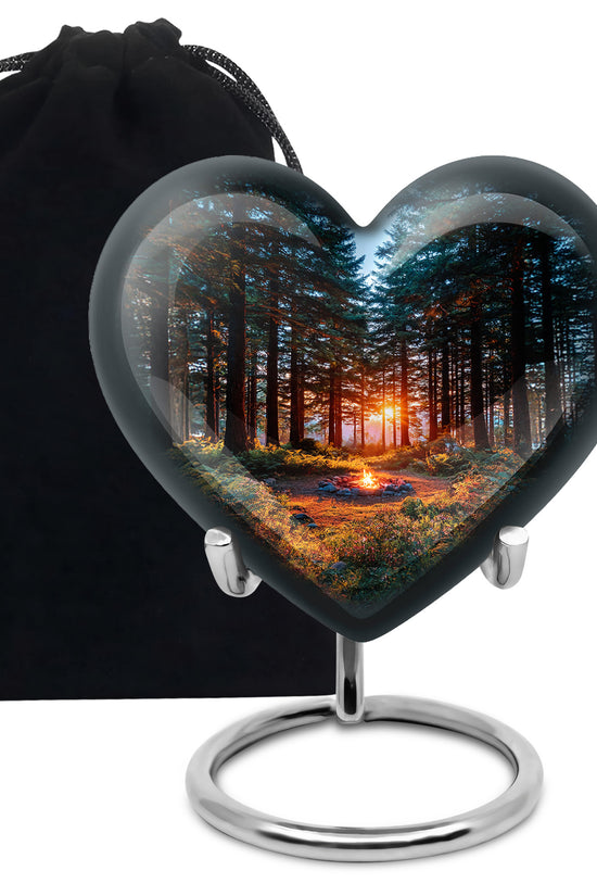 Steel Blue Campfire Cremation Urn detail view - romantic heart urn with campfire motif on aluminum - full-size 10 inch 200 cubic inch adult cremation urn