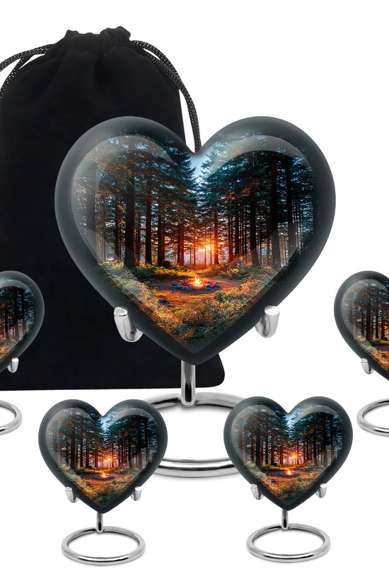 Indigo Campfire Cremation Urn close-up of engraving and surface detail - loving heart memorial featuring campfire pattern - memorial set with one large and four small urns
