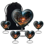 Indigo Campfire Cremation Urn close-up of engraving and surface detail - loving heart memorial featuring campfire pattern - memorial set with one large and four small urns