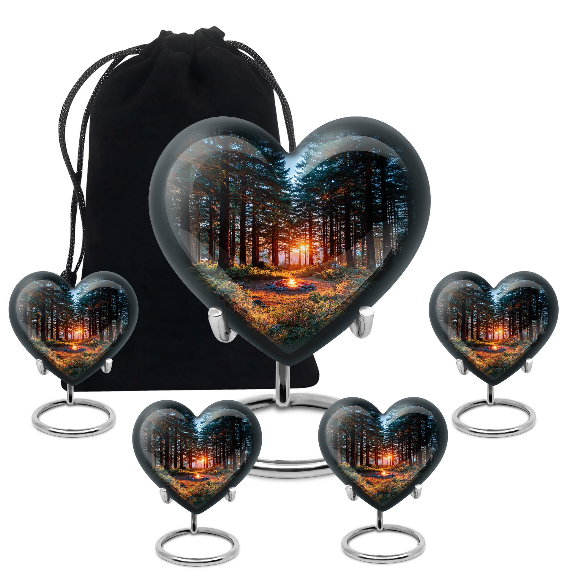 Indigo Campfire Cremation Urn close-up of engraving and surface detail - loving heart memorial featuring campfire pattern - memorial set with one large and four small urns