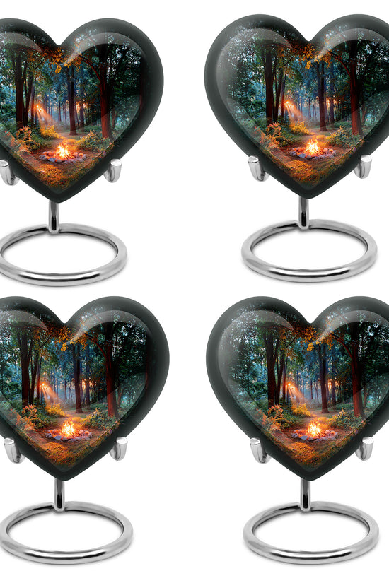 Jet Black Campfire Cremation Urn angled view of lid and engraved motif - loving heart memorial featuring campfire pattern - 10 inch aluminum urn for cremated remains