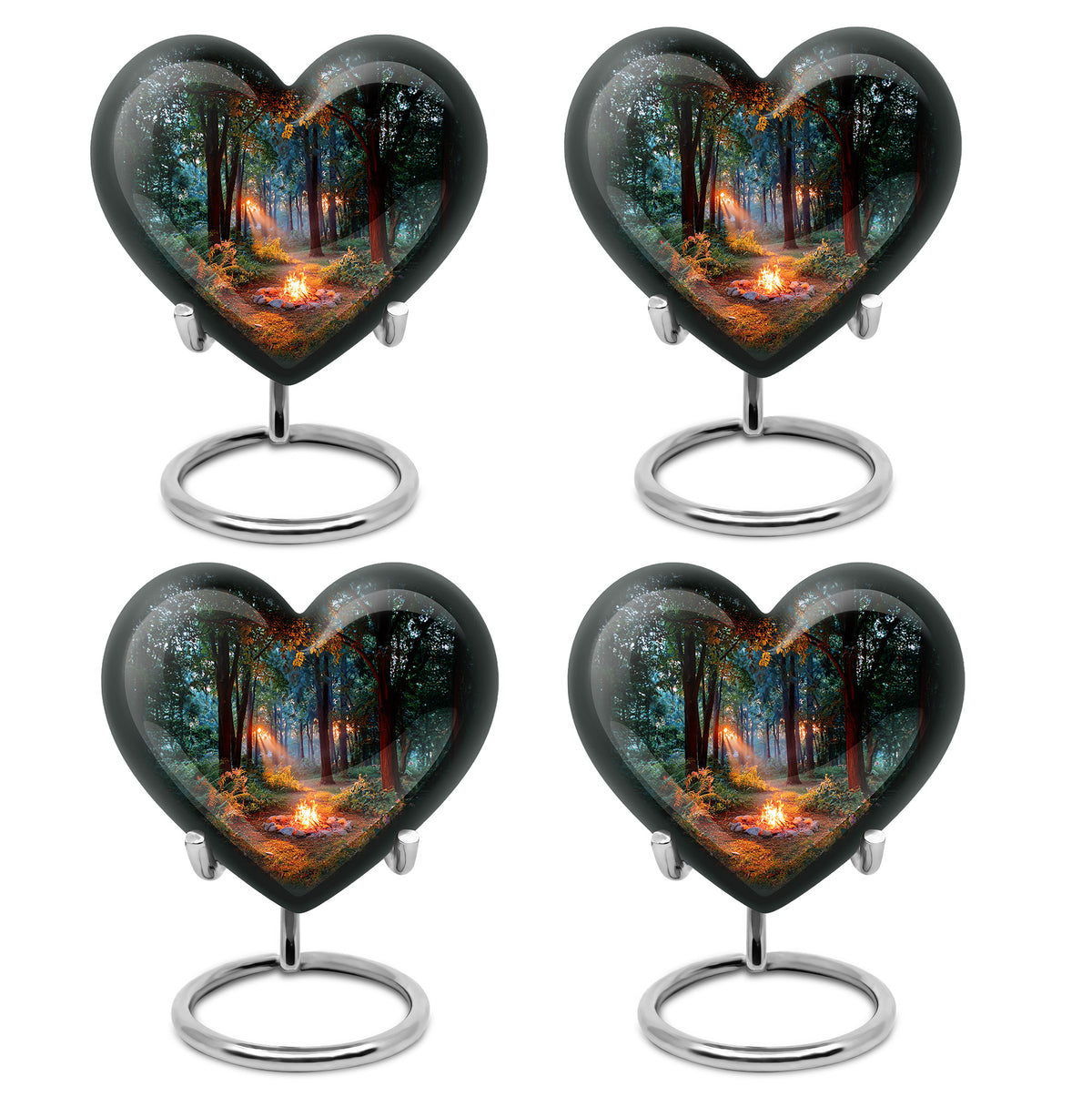 Jet Black Campfire Cremation Urn angled view of lid and engraved motif - loving heart memorial featuring campfire pattern - 10 inch aluminum urn for cremated remains