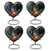 Jet Black Campfire Cremation Urn angled view of lid and engraved motif - loving heart memorial featuring campfire pattern - 10 inch aluminum urn for cremated remains
