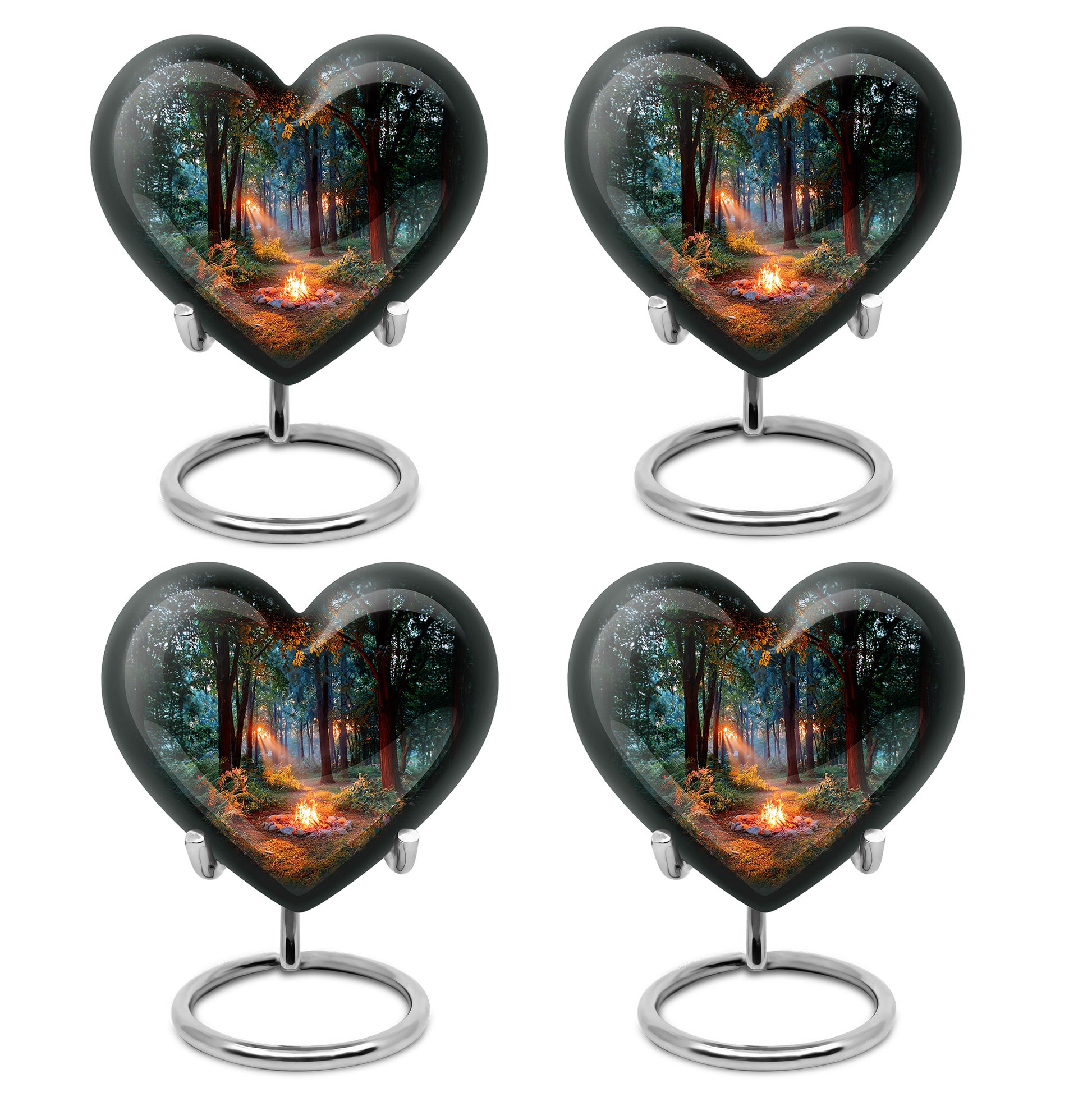 Jet Black Campfire Cremation Urn angled view of lid and engraved motif - loving heart memorial featuring campfire pattern - 10 inch aluminum urn for cremated remains