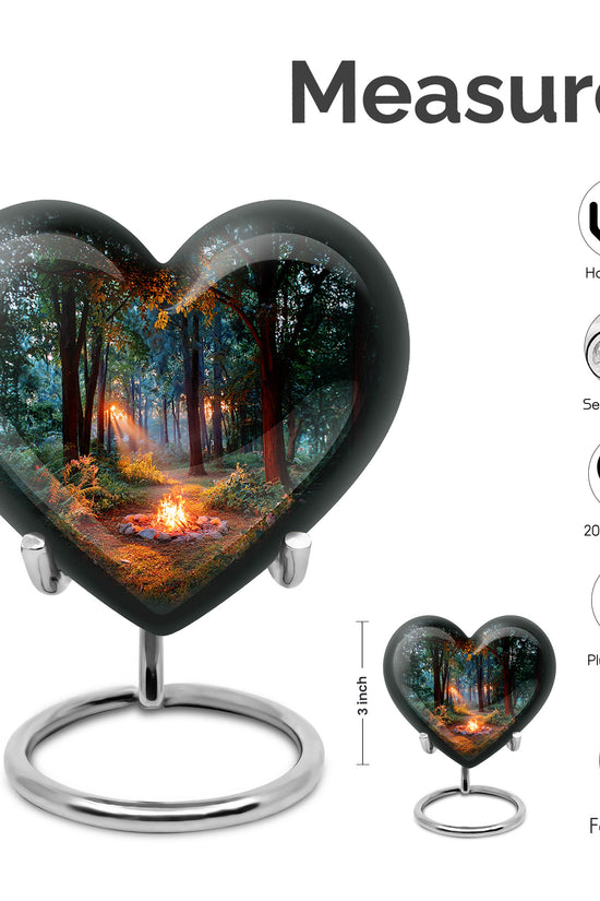 Ebony Campfire Cremation Urn front view showing detailed design - heart-shaped campfire design symbolizing eternal love - mini keepsake memorial for portion of cremation ashes