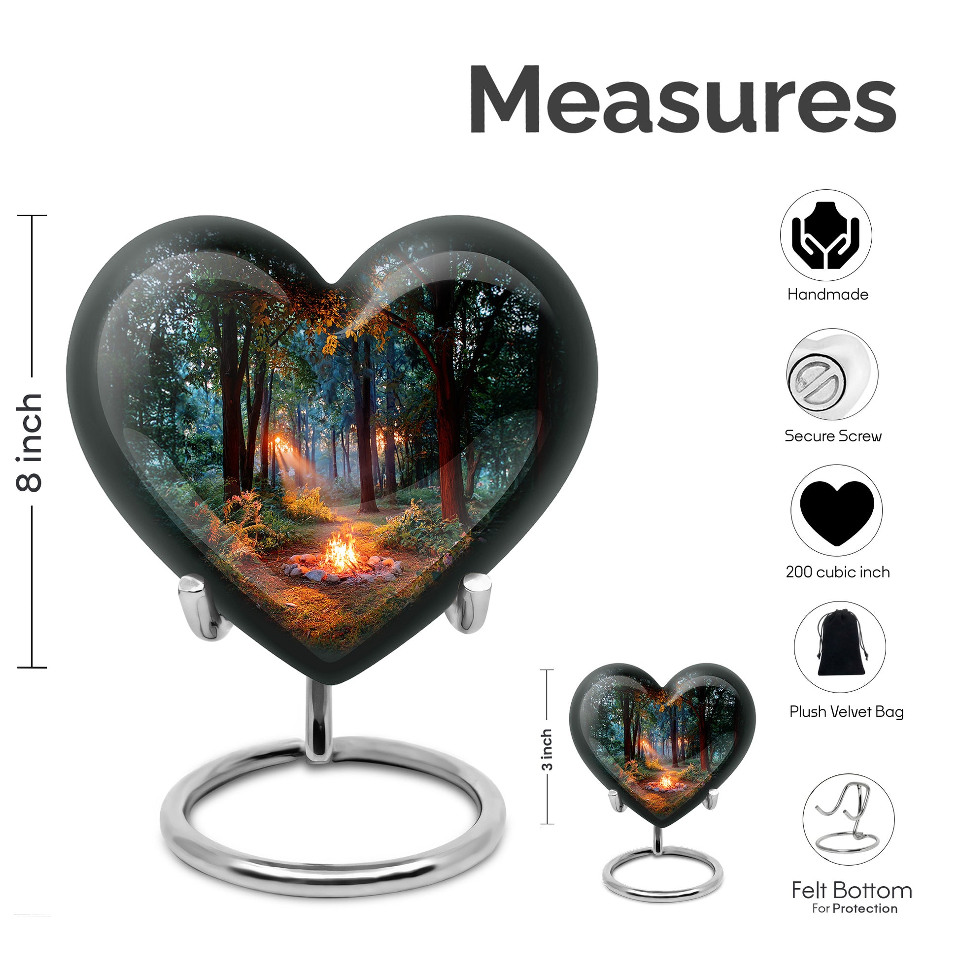 Ebony Campfire Cremation Urn front view showing detailed design - heart-shaped campfire design symbolizing eternal love - mini keepsake memorial for portion of cremation ashes