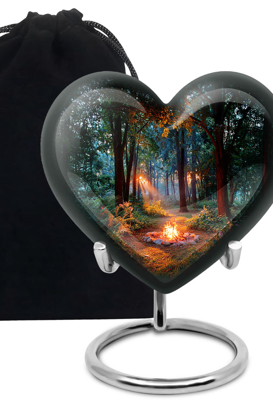 Charcoal Black Campfire Cremation Urn detail view - compassionate heart-campfire combination with gentle curves - full-size 10 inch 200 cubic inch adult cremation urn
