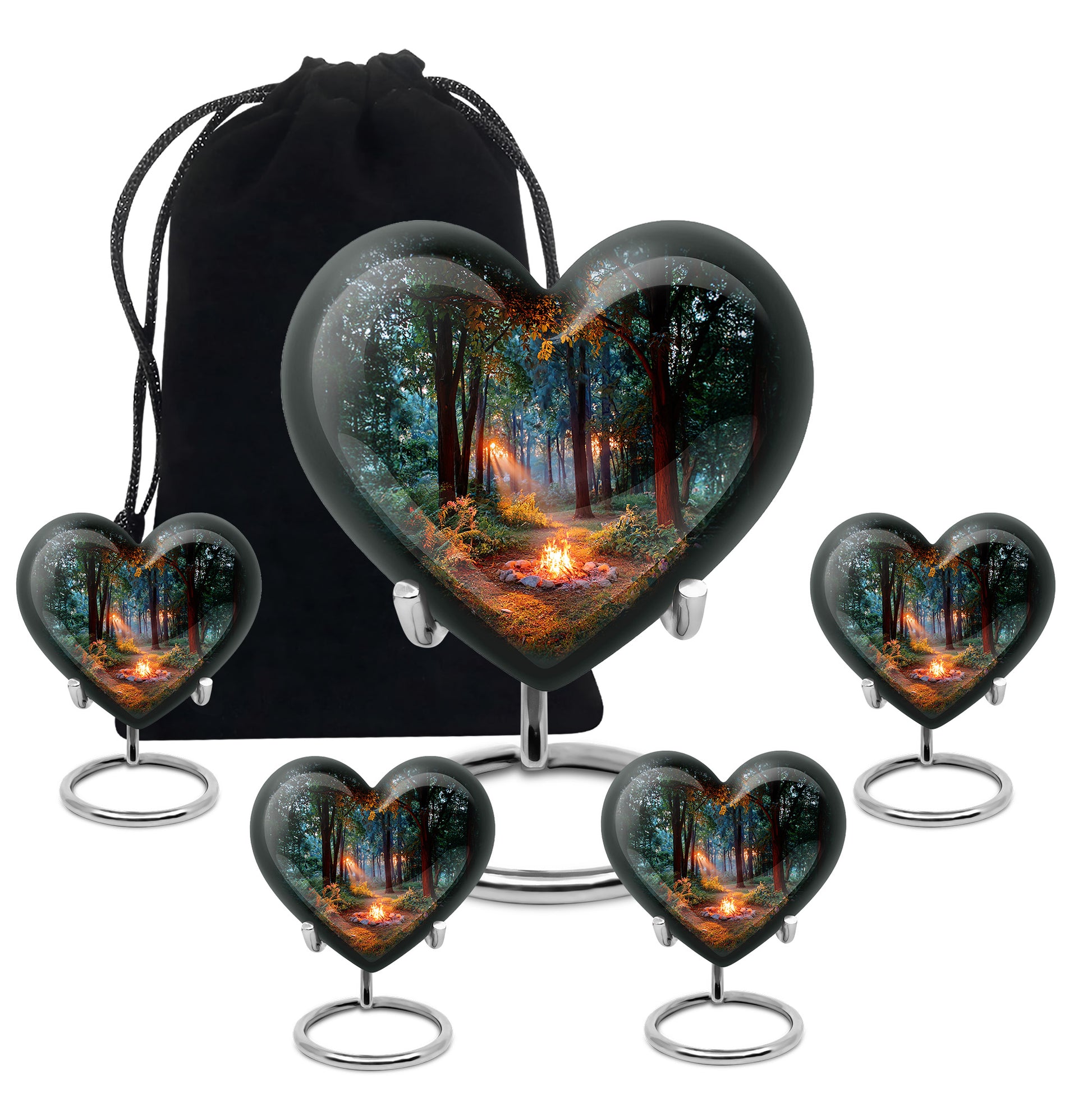 Jet Black Campfire Cremation Urn close-up of engraving and surface detail - heart-shaped campfire design symbolizing eternal love - memorial set with one large and four small urns