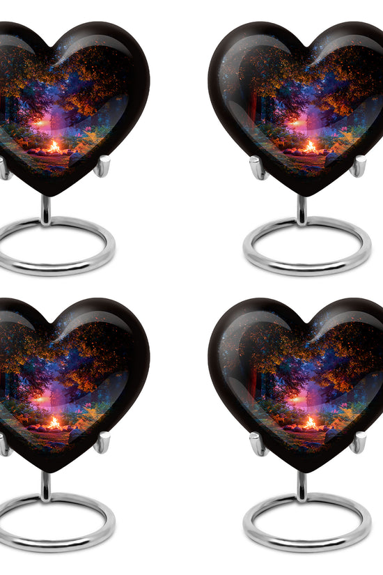 Midnight Black Campfire Cremation Urn angled view of lid and engraved motif - romantic heart urn with campfire motif on aluminum - 10 inch aluminum urn for cremated remains