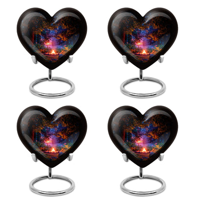 Midnight Black Campfire Cremation Urn angled view of lid and engraved motif - romantic heart urn with campfire motif on aluminum - 10 inch aluminum urn for cremated remains