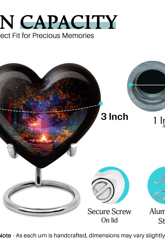 Dark Black Campfire Cremation Urn front view showing detailed design - compassionate heart-campfire combination with gentle curves - mini keepsake memorial for portion of cremation ashes