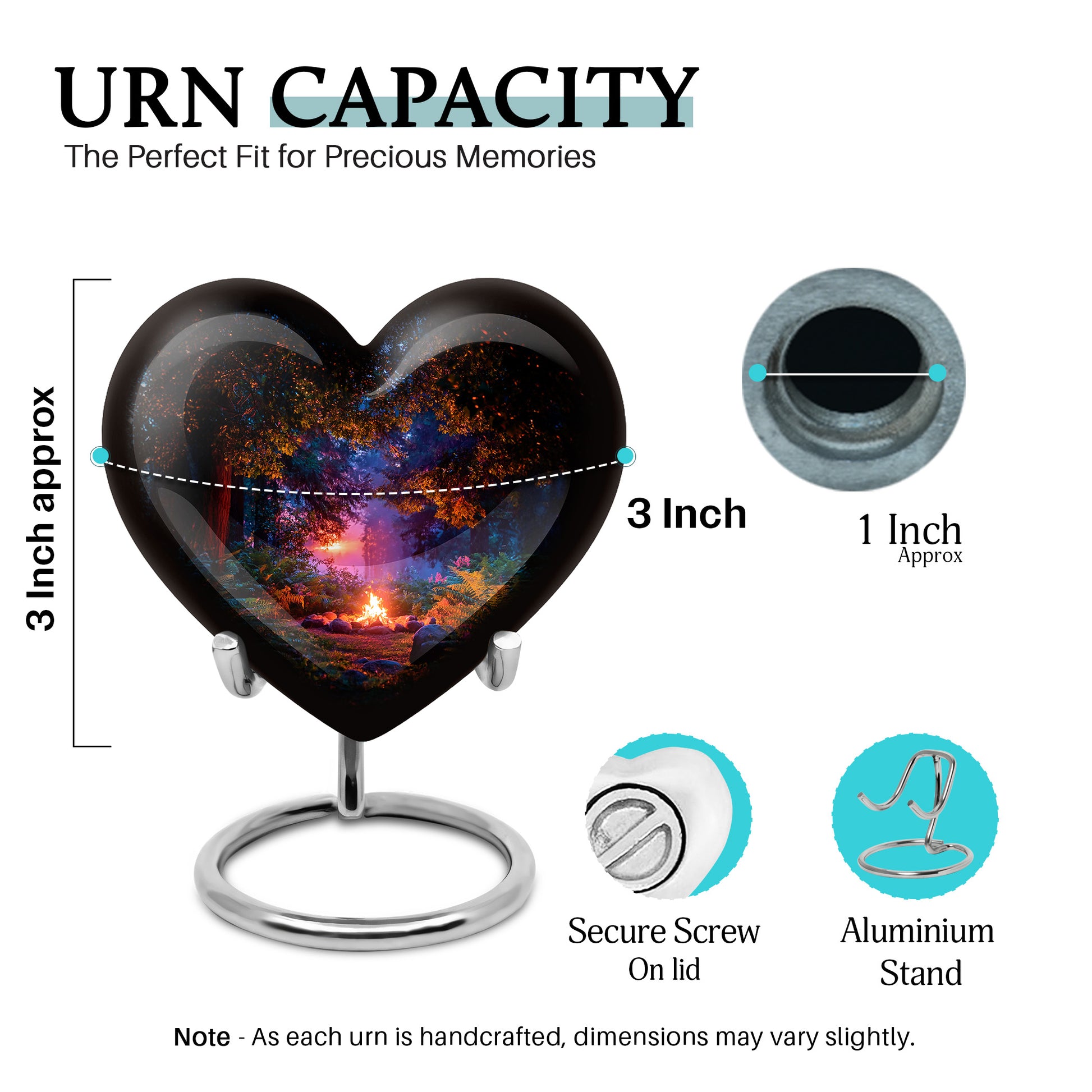 Dark Black Campfire Cremation Urn front view showing detailed design - compassionate heart-campfire combination with gentle curves - mini keepsake memorial for portion of cremation ashes