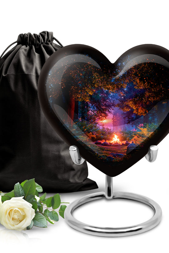 Deep Black Campfire Cremation Urn detail view - loving heart memorial featuring campfire pattern - full-size 10 inch 200 cubic inch adult cremation urn