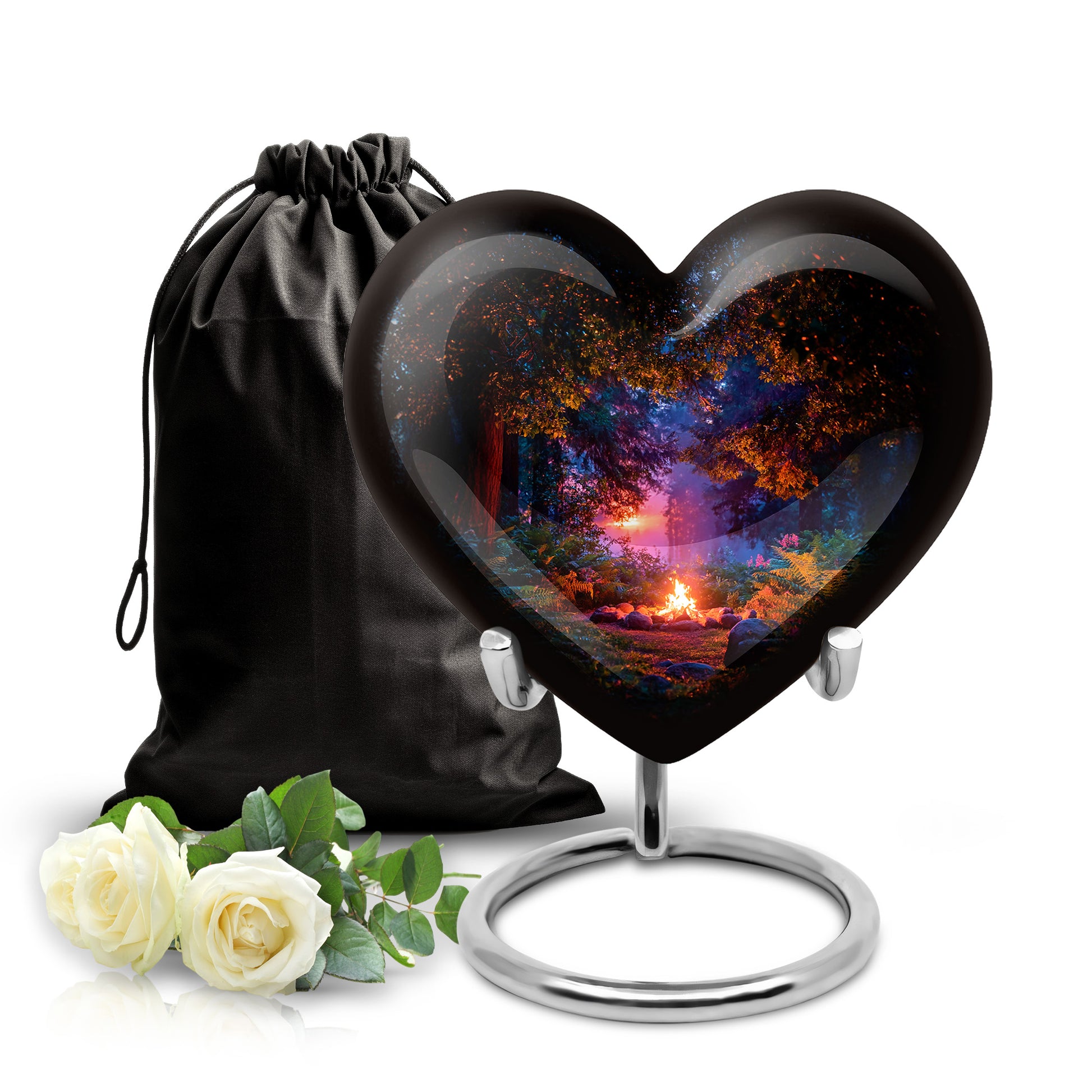 Deep Black Campfire Cremation Urn detail view - loving heart memorial featuring campfire pattern - full-size 10 inch 200 cubic inch adult cremation urn