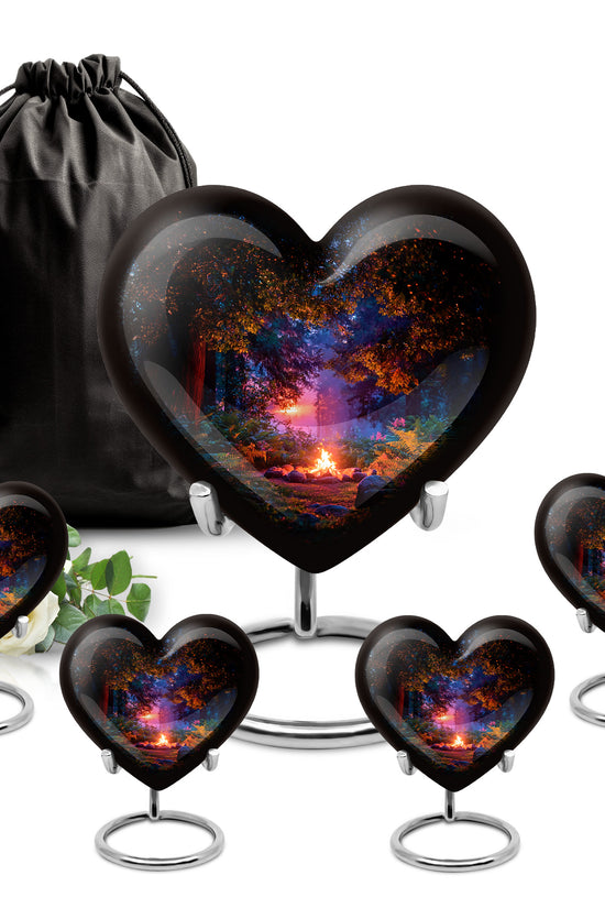 Charcoal Black Campfire Cremation Urn close-up of engraving and surface detail - compassionate heart-campfire combination with gentle curves - memorial set with one large and four small urns