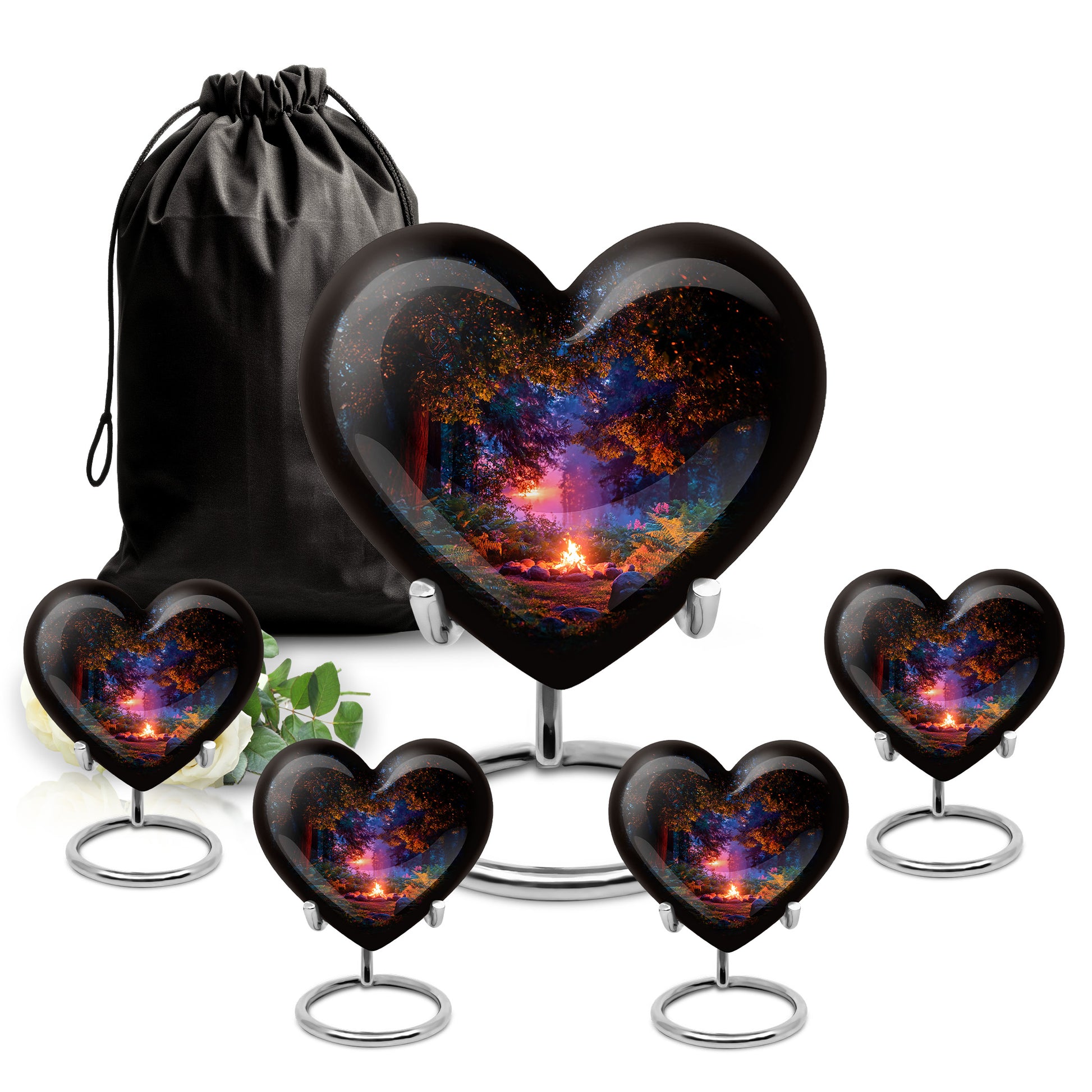 Charcoal Black Campfire Cremation Urn close-up of engraving and surface detail - compassionate heart-campfire combination with gentle curves - memorial set with one large and four small urns