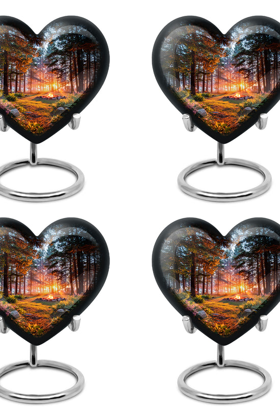 Obsidian Black Campfire Cremation Urn angled view of lid and engraved motif - compassionate heart-campfire combination with gentle curves - 10 inch aluminum urn for cremated remains