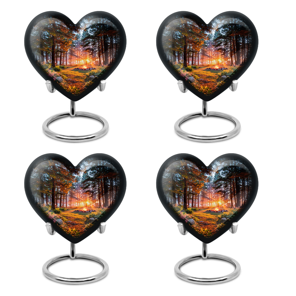 Obsidian Black Campfire Cremation Urn angled view of lid and engraved motif - compassionate heart-campfire combination with gentle curves - 10 inch aluminum urn for cremated remains