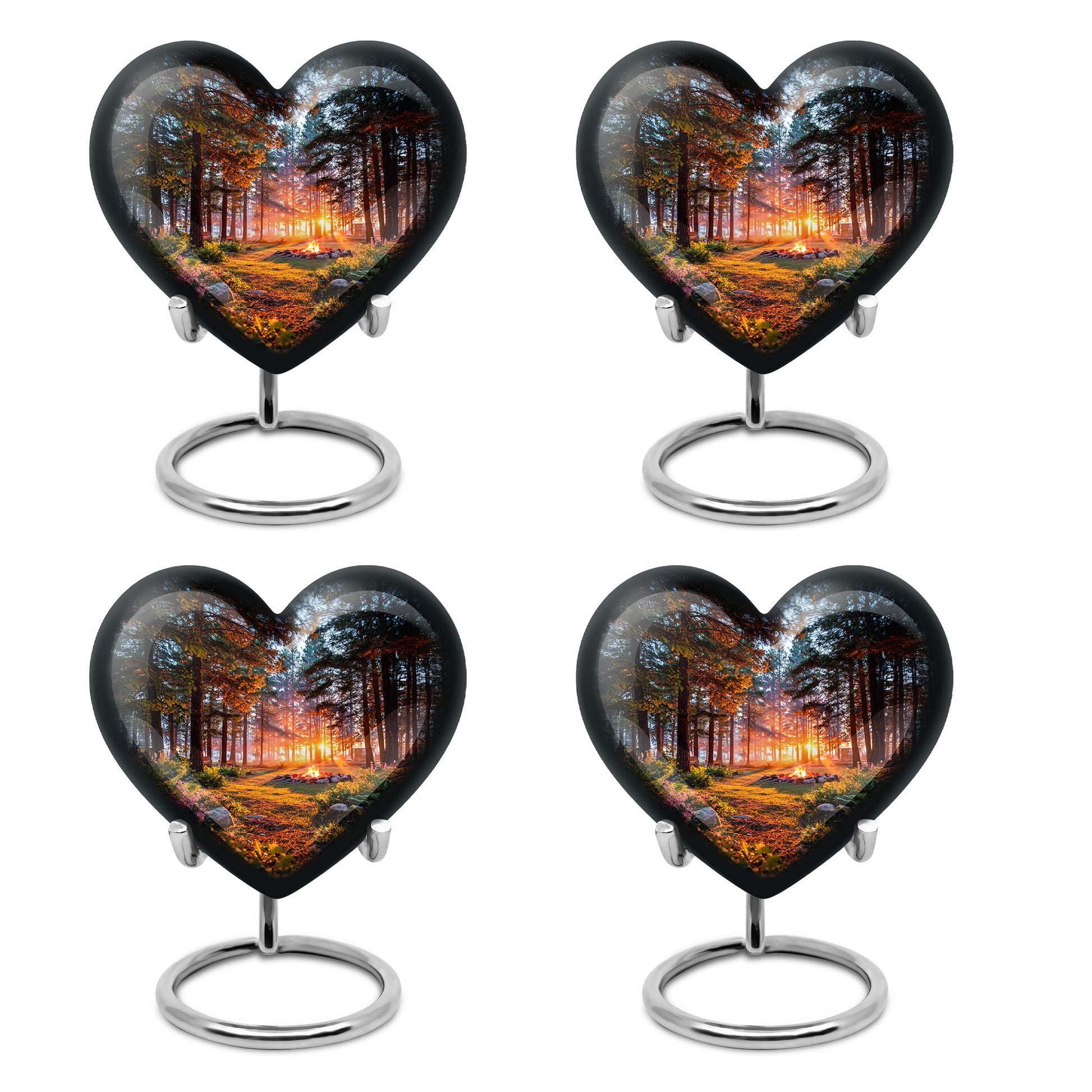 Obsidian Black Campfire Cremation Urn angled view of lid and engraved motif - compassionate heart-campfire combination with gentle curves - 10 inch aluminum urn for cremated remains