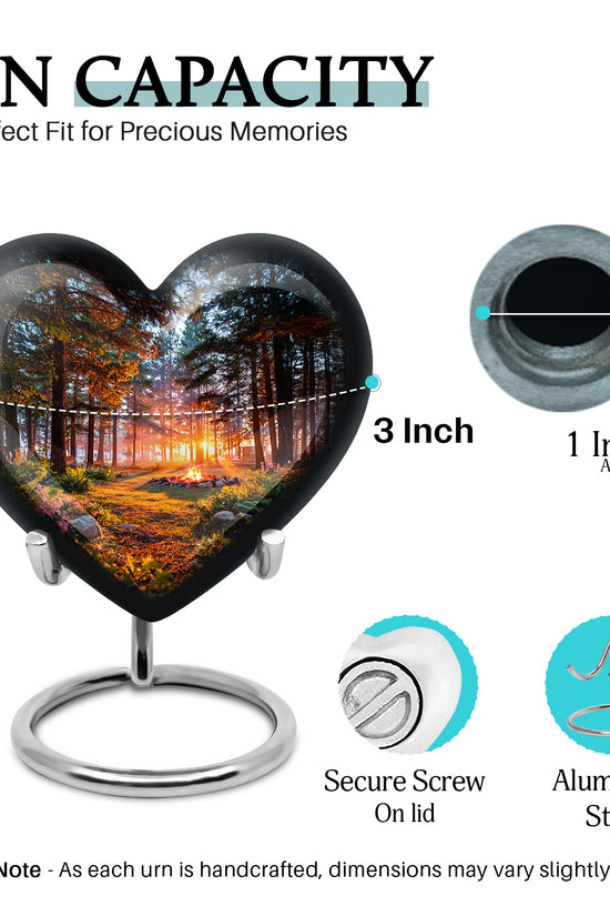 Midnight Black Campfire Cremation Urn front view showing detailed design - compassionate heart-campfire combination with gentle curves - mini keepsake memorial for portion of cremation ashes