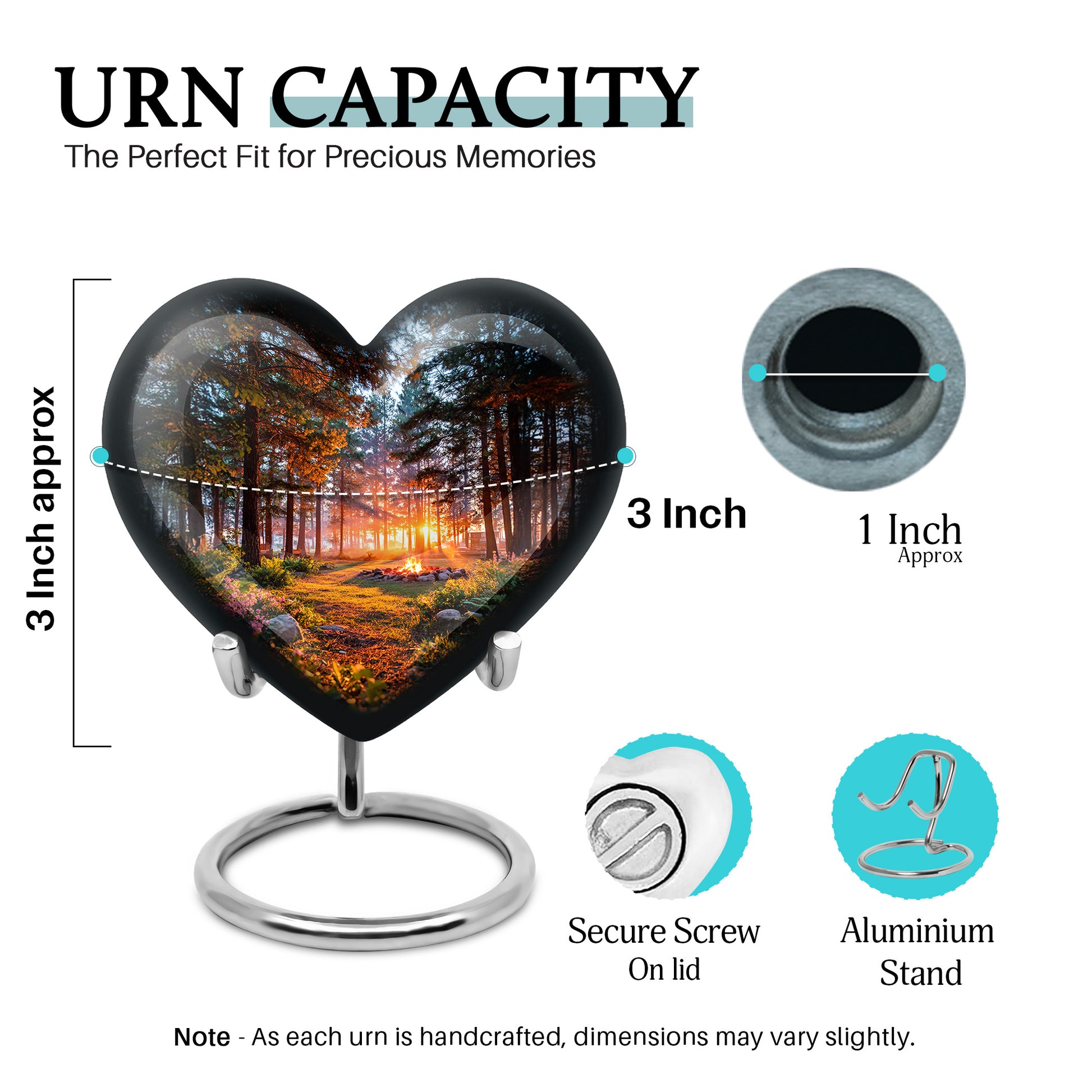 Midnight Black Campfire Cremation Urn front view showing detailed design - compassionate heart-campfire combination with gentle curves - mini keepsake memorial for portion of cremation ashes