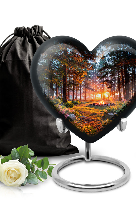 Deep Black Campfire Cremation Urn detail view - loving heart memorial featuring campfire pattern - full-size 10 inch 200 cubic inch adult cremation urn