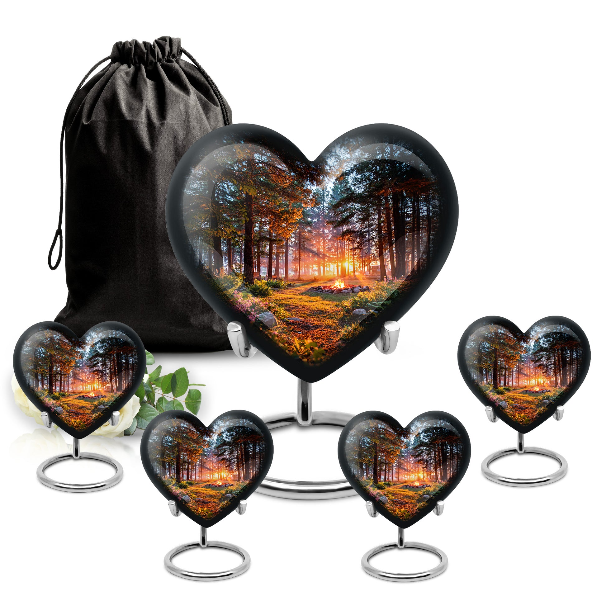 Charcoal Black Campfire Cremation Urn close-up of engraving and surface detail - romantic heart urn with campfire motif on aluminum - memorial set with one large and four small urns