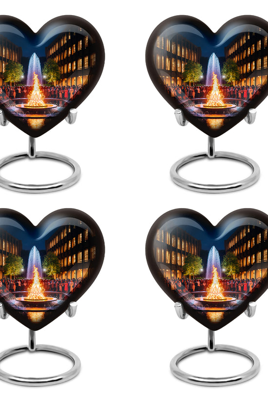Dark Black Campfire Cremation Urn angled view of lid and engraved motif - romantic heart urn with campfire motif on aluminum - 10 inch aluminum urn for cremated remains