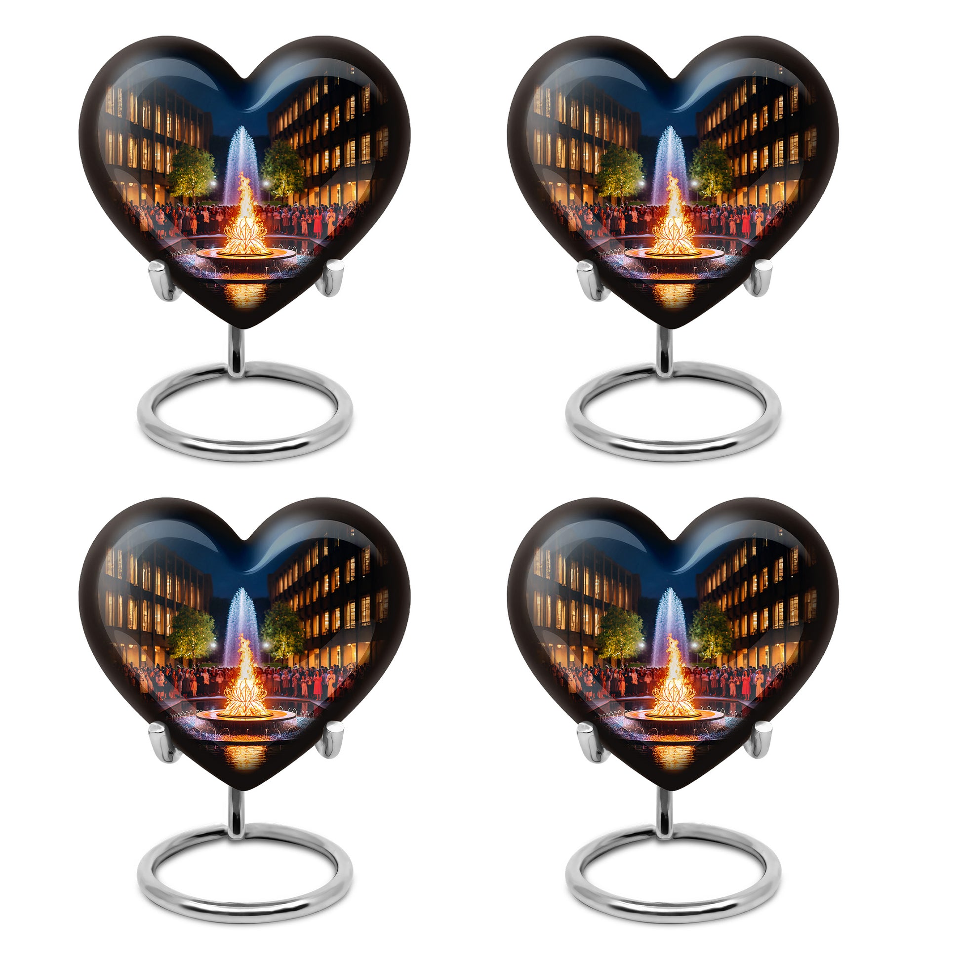 Dark Black Campfire Cremation Urn angled view of lid and engraved motif - romantic heart urn with campfire motif on aluminum - 10 inch aluminum urn for cremated remains