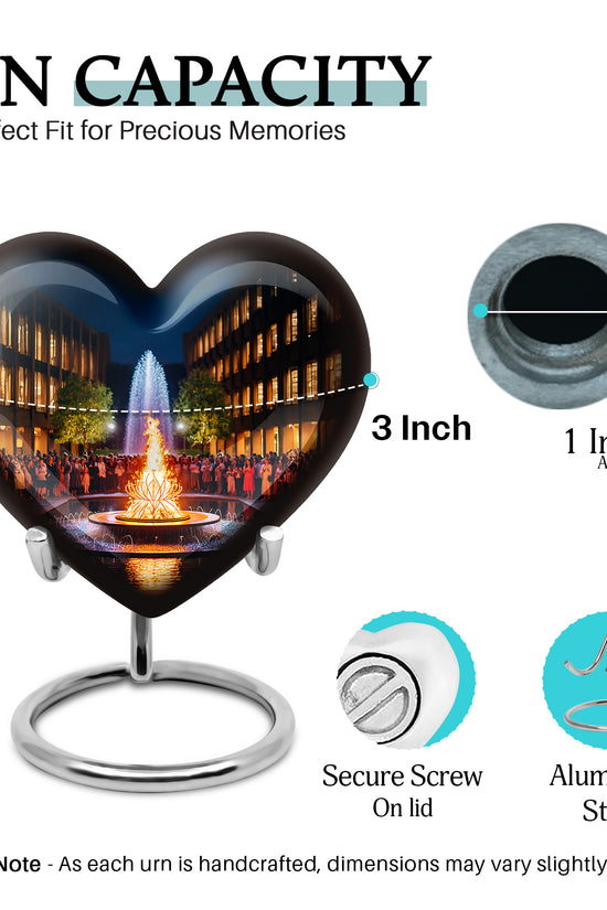 Rich Black Campfire Cremation Urn front view showing detailed design - heart-shaped campfire design symbolizing eternal love - mini keepsake memorial for portion of cremation ashes