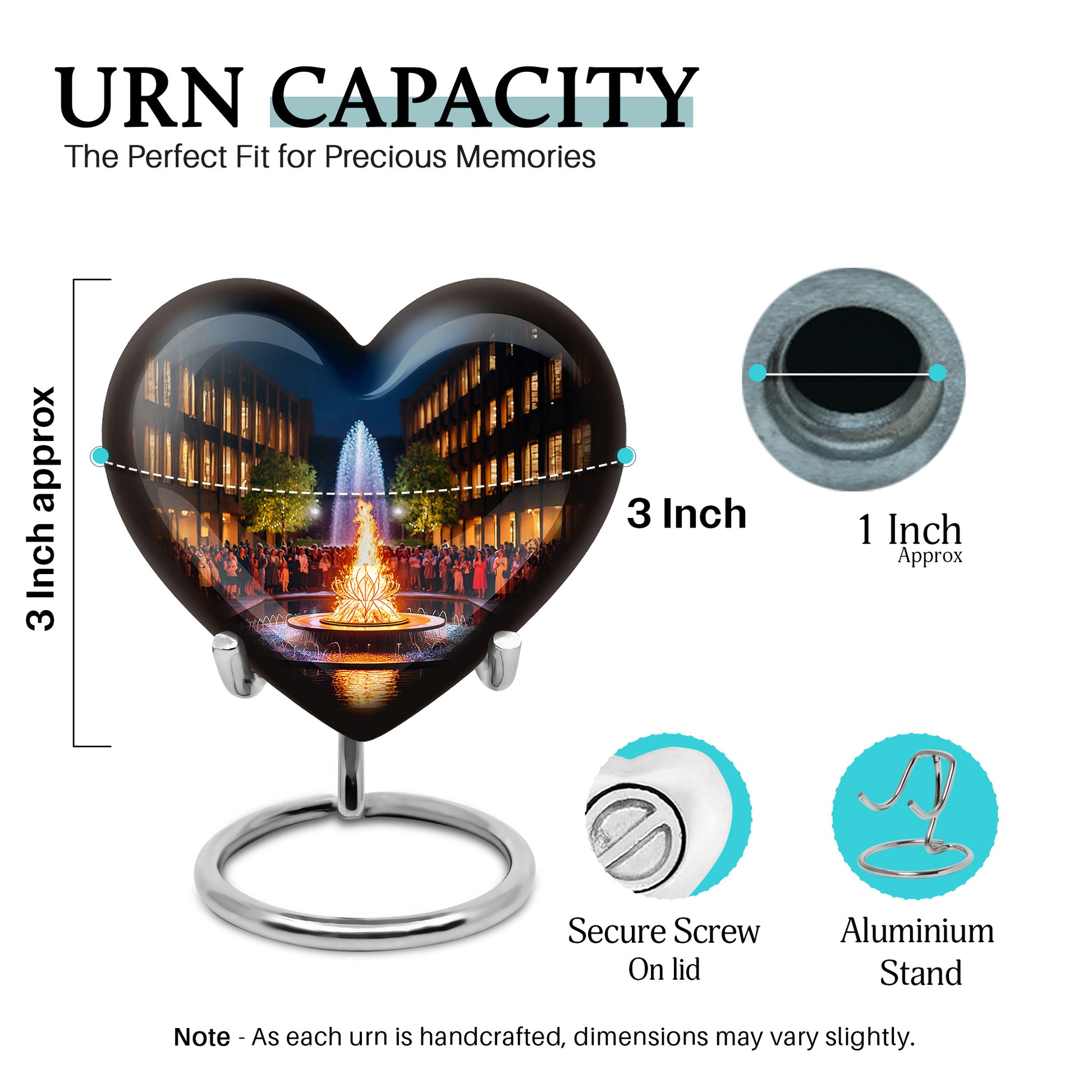 Rich Black Campfire Cremation Urn front view showing detailed design - heart-shaped campfire design symbolizing eternal love - mini keepsake memorial for portion of cremation ashes