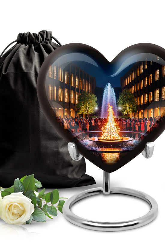 Glossy Black Campfire Cremation Urn detail view - loving heart memorial featuring campfire pattern - full-size 10 inch 200 cubic inch adult cremation urn
