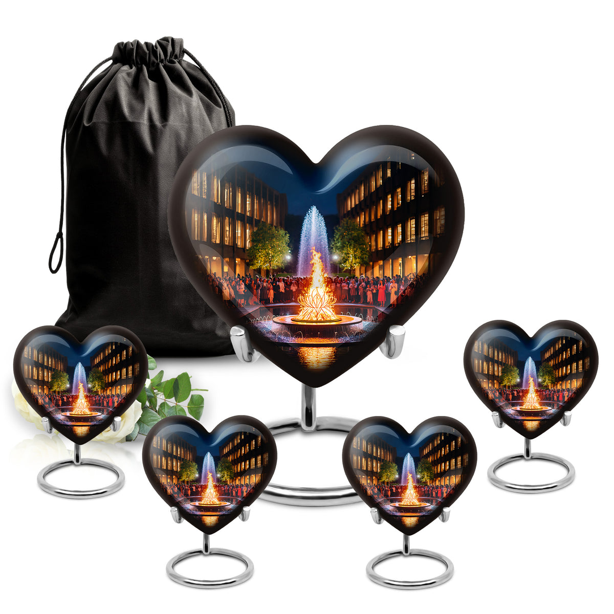 Ebony Campfire Cremation Urn close-up of engraving and surface detail - heart-shaped campfire design symbolizing eternal love - memorial set with one large and four small urns